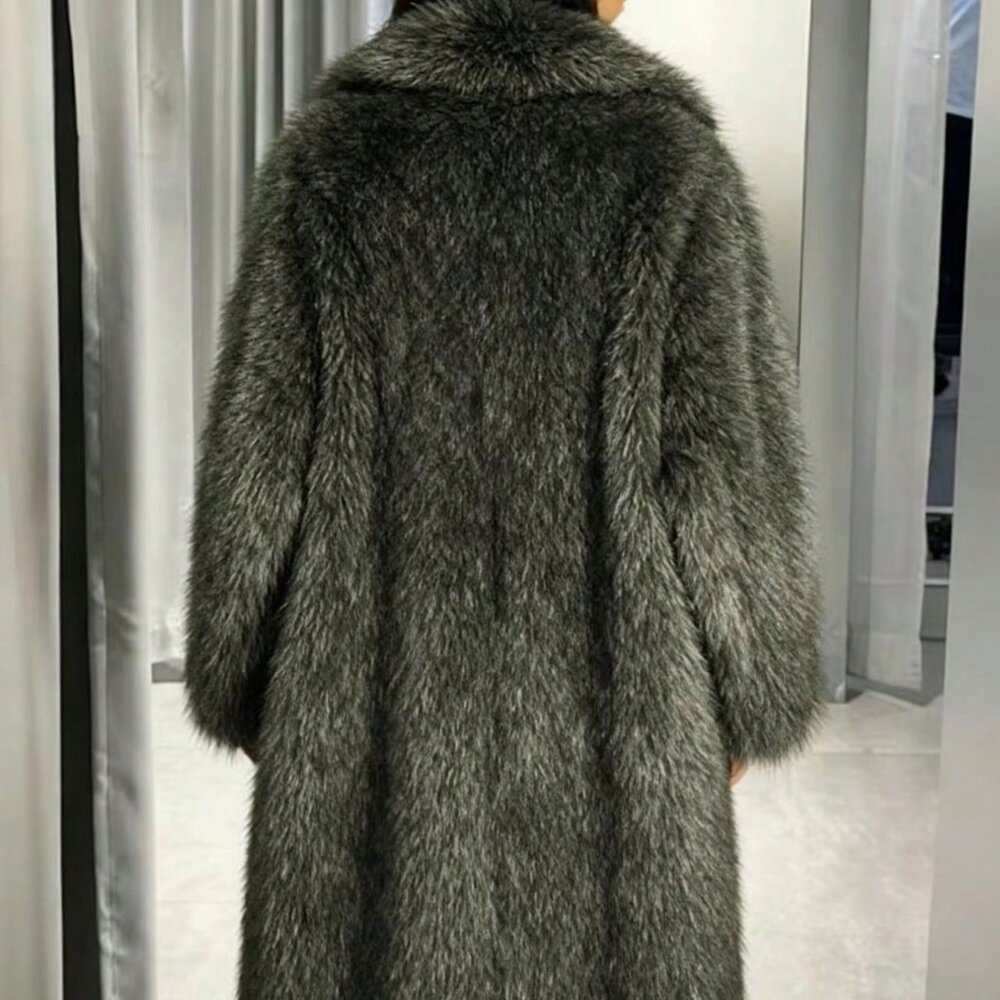 Green Casual Women's Dyed Tip Long Faux Fur Lapel Jacket - Picture 2 of 5